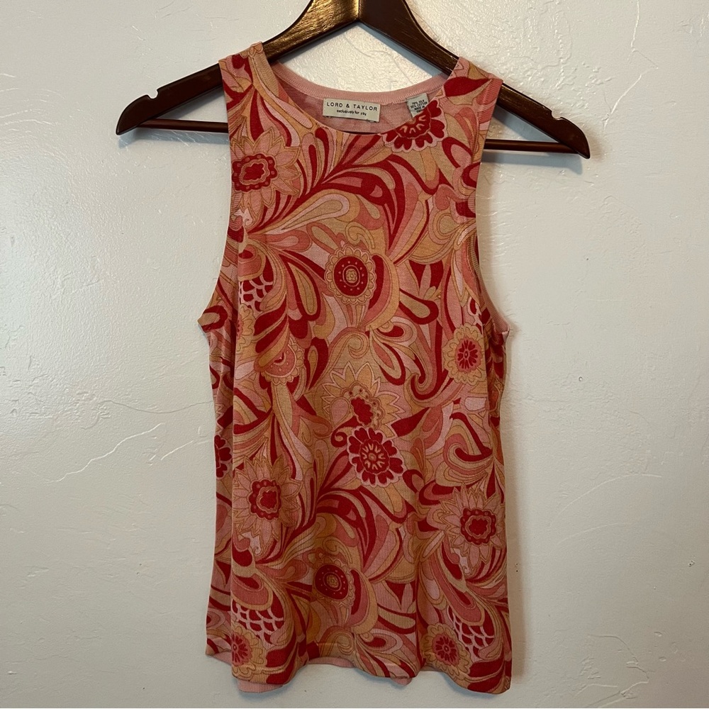 Lord & Taylor Pink and Red Patterned Tank Top Silk/Cotton vintage Boho Size med